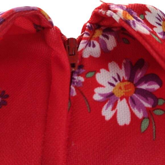 Vintage 70s Casual Midi Dress Size L Red Floral Print Dagger Collar Poly Knit - Picture 6 of 11